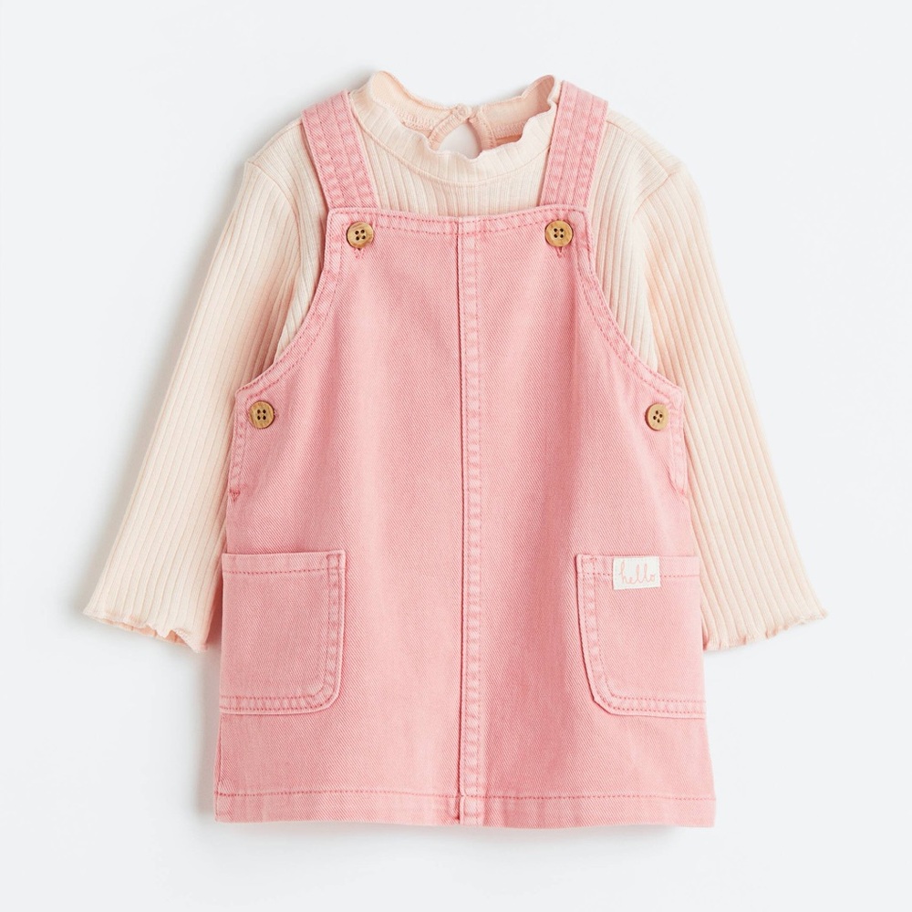 NWOT Pink 2-piece Cotton Denim Dress with Pink Long-Sleeve Top